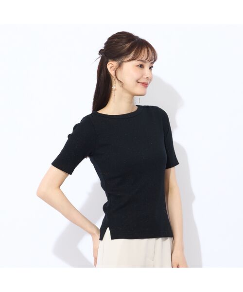 Liliane Burty ECLAT(Sサイズ)/リリアンビューティ エクラ 【S・Mサイズ】ラメリブジャージー 半袖Tシャツ(ブラック) ブラック M Liliane Burty ECLAT(Sサイズ)/リリアンビューティ エクラ 【S・Mサイズ】ラメリブジャージー 半袖Tシャツ(ブラック) ブラック M