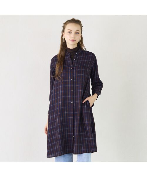 Liliane Burty ECLAT（Sサイズ） / リリアンビューティ エクラ シャツ・ブラウス | 【洗える】タータンチェックバンドカラーロングブラウス | 詳細1