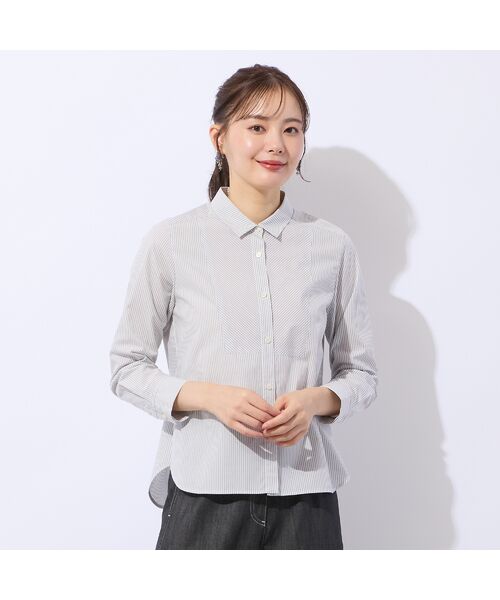 Liliane Burty ECLAT（Sサイズ） / リリアンビューティ エクラ シャツ・ブラウス | 【洗える】ロンドンストライプ切り替えブラウス（ライトグレー）