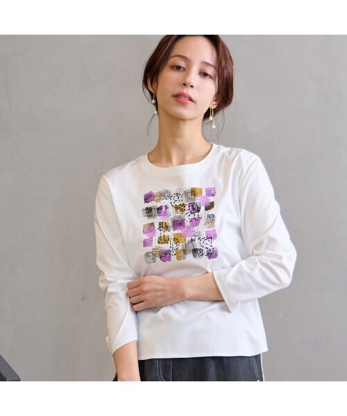 Liliane Burty ECLAT（Sサイズ） / リリアンビューティ エクラ カットソー | 【洗える】プリント×スパンコールTシャツ（オフ）