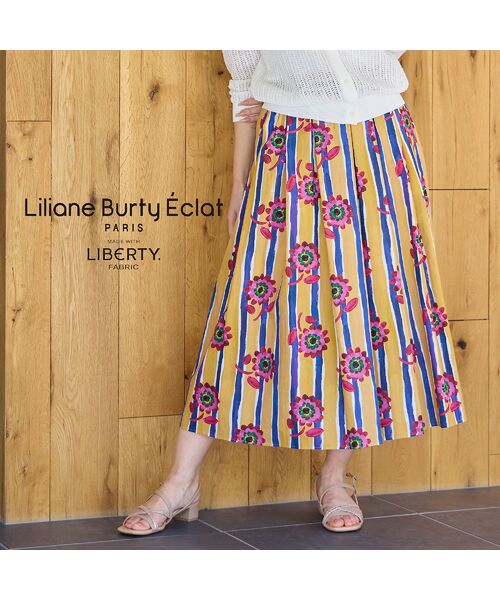 Liliane Burty ECLAT（Sサイズ） / リリアンビューティ エクラ ミニ・ひざ丈スカート | 【洗える/セットアップ対応】リバティ　ストライプフラワースカート（マスタード）