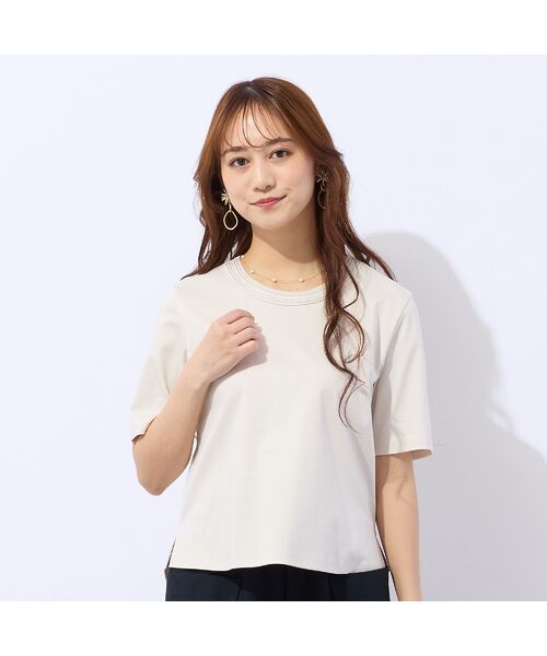 Liliane Burty ECLAT（Sサイズ） / リリアンビューティ エクラ カットソー | 【洗える】接触冷感衿ステッチTシャツ（ライトベージュ）