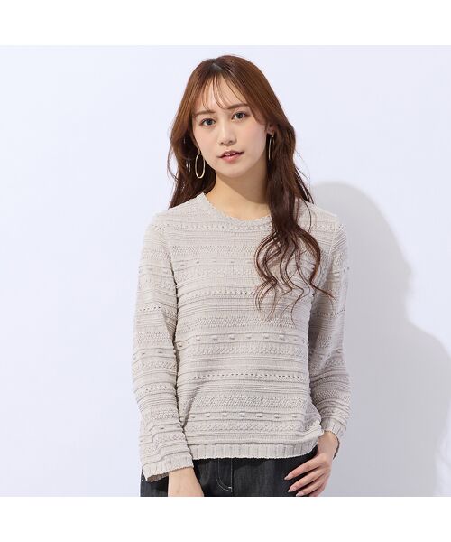 Liliane Burty ECLAT（Sサイズ） / リリアンビューティ エクラ ニット・セーター | 綿混ボーダー編地変化ニット（グレー）