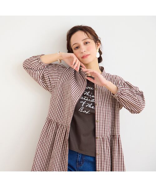 Liliane Burty ECLAT（Sサイズ） / リリアンビューティ エクラ ミニ丈・ひざ丈ワンピース | 【洗える】ギンガムチェックバンドカラーシャツワンピ（ブラウン）