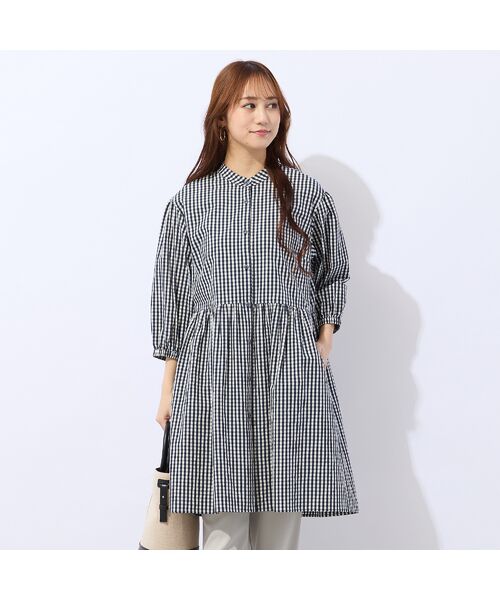 Liliane Burty ECLAT（Sサイズ） / リリアンビューティ エクラ ミニ丈・ひざ丈ワンピース | 【洗える】ギンガムチェックバンドカラーシャツワンピ（ダークブルー）