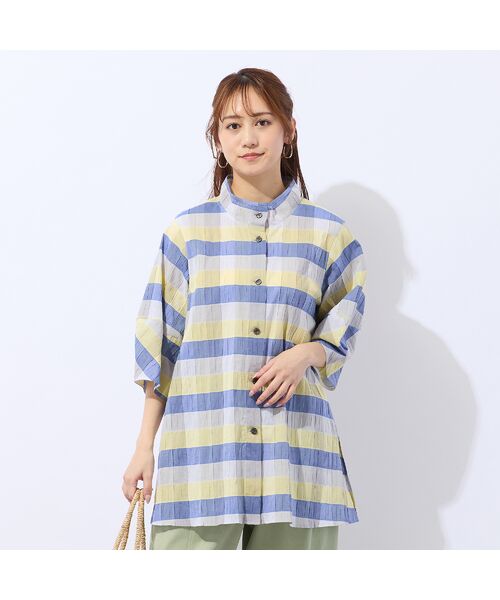 Liliane Burty ECLAT（Sサイズ） / リリアンビューティ エクラ シャツ・ブラウス | 【洗える】コットンブロックチェックブラウス（ブルー）