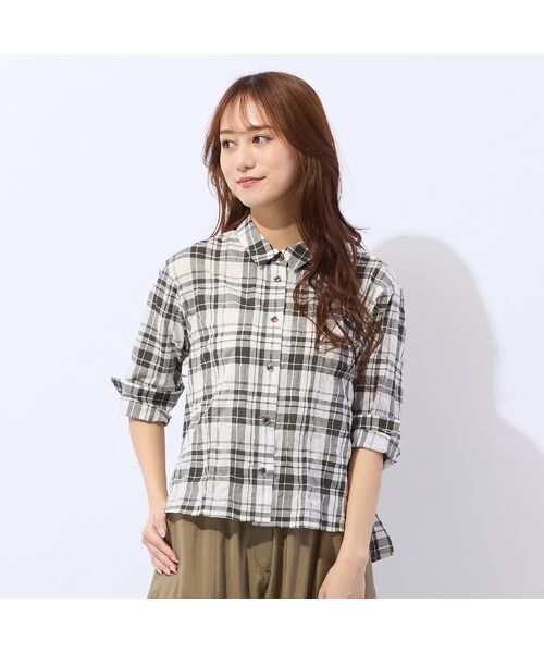 Liliane Burty ECLAT（Sサイズ） / リリアンビューティ エクラ シャツ・ブラウス | 【洗える】コットン先染めチェックブラウス（ブラウン）