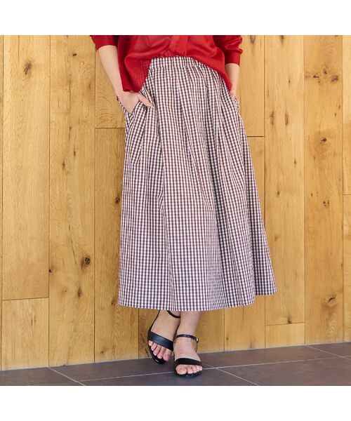 Liliane Burty ECLAT（Sサイズ） / リリアンビューティ エクラ ミニ・ひざ丈スカート | 【洗える】ギンガムチェックオールゴムスカート（ブラウン）