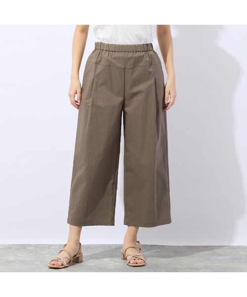 Liliane Burty ECLAT（Sサイズ） / リリアンビューティ エクラ ショート・ハーフ・半端丈パンツ | 【洗える】ナイロンストライプクロップドパンツ（カーキ）