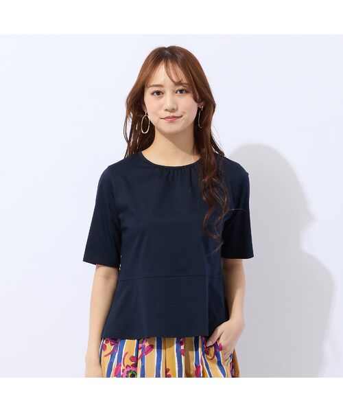 Liliane Burty ECLAT（Sサイズ） / リリアンビューティ エクラ カットソー | 【洗える・接触冷感】綿100％ギャザー半袖Tシャツ（ダークブルー）