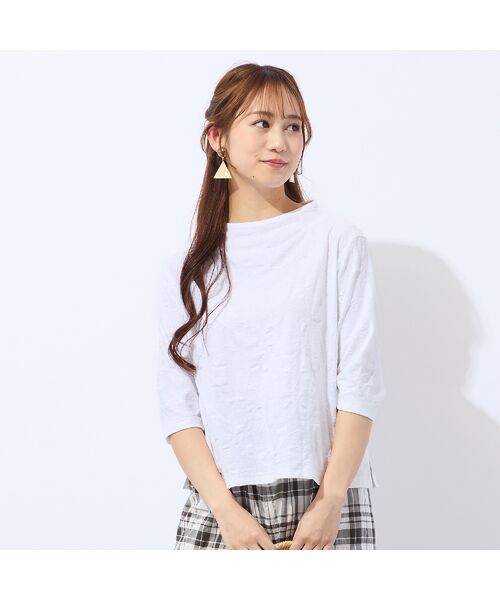 Liliane Burty ECLAT（Sサイズ） / リリアンビューティ エクラ カットソー | 【洗える・アンサンブル対応】綿ジャカードプルオーバーTシャツ（ホワイト）