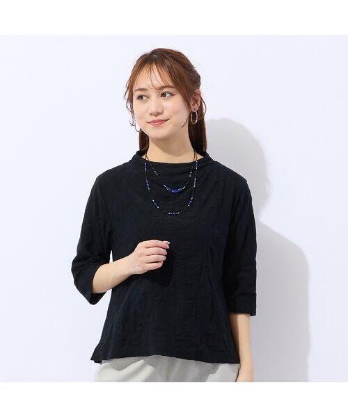 Liliane Burty ECLAT（Sサイズ） / リリアンビューティ エクラ カットソー | 【洗える・アンサンブル対応】綿ジャカードプルオーバーTシャツ（ブラック）