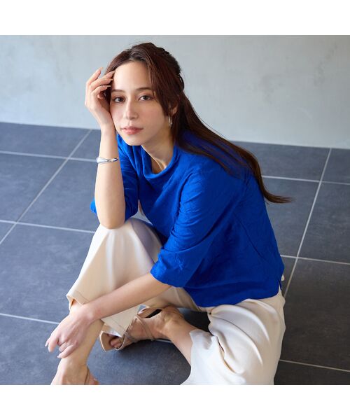 Liliane Burty ECLAT（Sサイズ） / リリアンビューティ エクラ カットソー | 【洗える・アンサンブル対応】綿ジャカードプルオーバーTシャツ（ブルー）