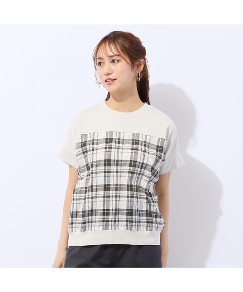 Liliane Burty ECLAT（Sサイズ） / リリアンビューティ エクラ カットソー | 【洗える】コットン先染めチェック×カットソーTシャツ（ブラウン）