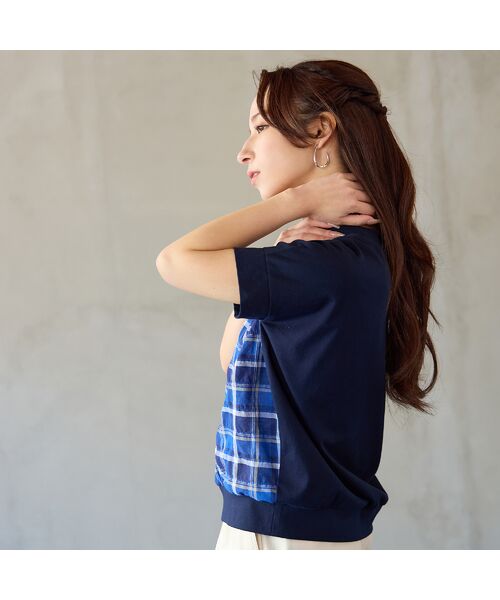 Liliane Burty ECLAT（Sサイズ） / リリアンビューティ エクラ カットソー | 【洗える】コットン先染めチェック×カットソーTシャツ（ダークブルー）