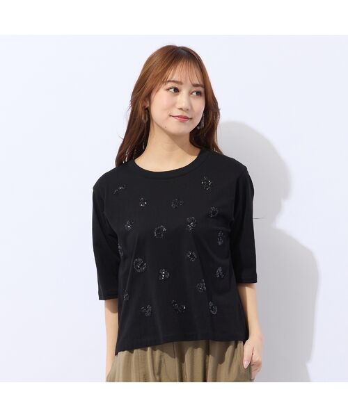 Liliane Burty ECLAT（Sサイズ） / リリアンビューティ エクラ カットソー | 【洗える・接触冷感】スパンコール刺繍Ｔシャツ（ブラック）