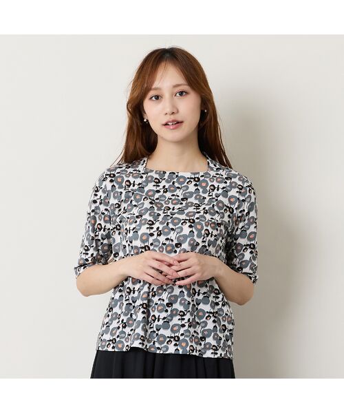 Liliane Burty ECLAT（Sサイズ） / リリアンビューティ エクラ カットソー | 【洗える】フラワープリントボートネックTシャツ（グレー）