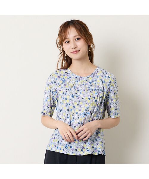Liliane Burty ECLAT（Sサイズ） / リリアンビューティ エクラ カットソー | 【洗える】綿100％フラワープリントTシャツ（ブルー）