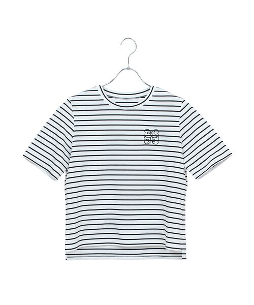 Liliane Burty ECLAT（Sサイズ） / リリアンビューティ エクラ カットソー | 【洗える】接触冷感ボーダー刺繍Tシャツ（ホワイト）