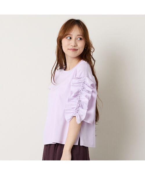 Liliane Burty ECLAT（Sサイズ） / リリアンビューティ エクラ カットソー | 【洗える】袖配色フリルTシャツ（パステルピンク）