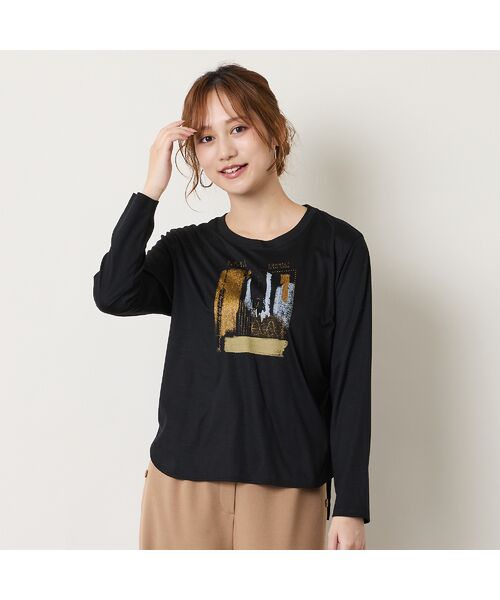Liliane Burty ECLAT（Sサイズ） / リリアンビューティ エクラ カットソー | 【洗える】スムースプリント長袖Tシャツ（ブラック）