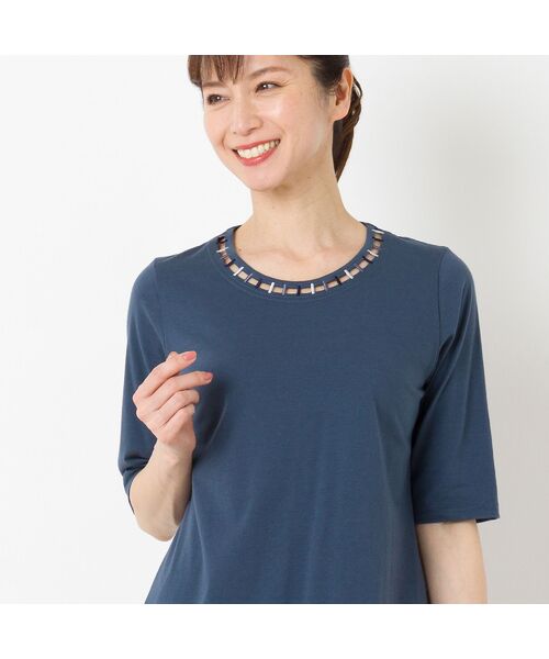 LOBJIE/ロブジェ ハシゴ刺繍 コットンTシャツ ダークブルー L LOBJIE/ロブジェ ハシゴ刺繍 コットンTシャツ ダークブルー L