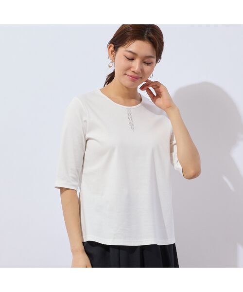LOBJIE / ロブジェ カットソー | 【洗える・日本製・S～LLサイズ】襟ぐり刺繍 綿Tシャツ（ホワイト）