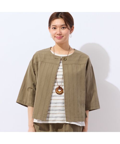 LOBJIE/ロブジェ 【洗える・ドライタッチ・セットアップ可能】綿麻ストライプブラウス グリーン F LOBJIE/ロブジェ 【洗える・ドライタッチ・セットアップ可能】綿麻ストライプブラウス グリーン F