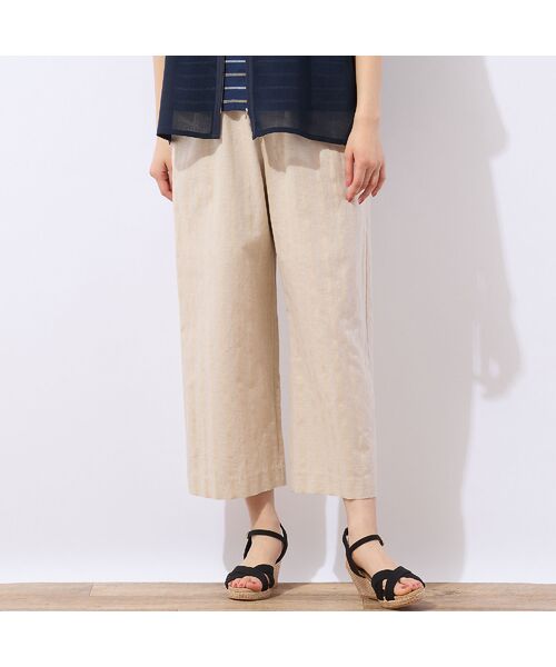 LOBJIE / ロブジェ ショート・ハーフ・半端丈パンツ | 【洗える・ドライタッチ・セットアップ可能】綿麻ストライプセミワイドパンツ(ベージュ)