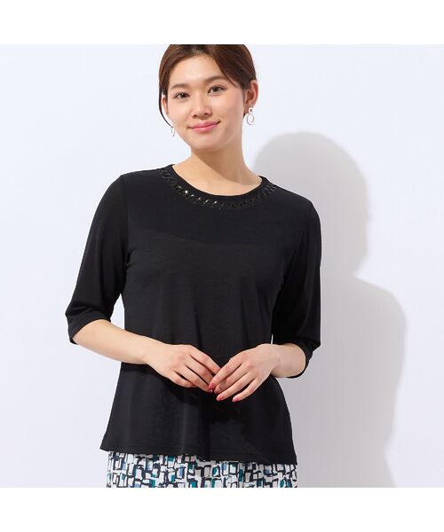 LOBJIE / ロブジェ カットソー | 【洗える・日本製】襟ジグザグ刺繍Tシャツ(ブラック)