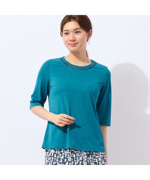 LOBJIE / ロブジェ カットソー | 【洗える・日本製】襟ジグザグ刺繍Tシャツ(ブルー)