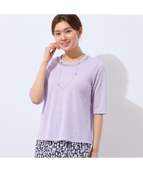 LOBJIE / ロブジェ カットソー | 【洗える・日本製】襟ジグザグ刺繍Tシャツ(バイオレット)