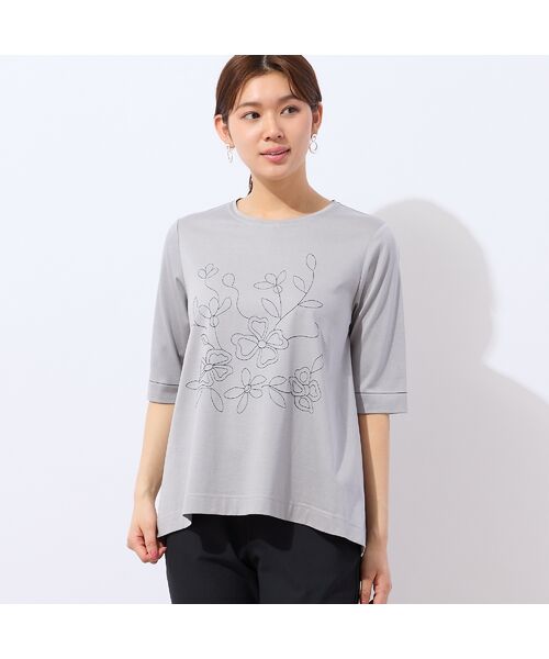 LOBJIE/ロブジェ 【洗える】花刺繍AラインTシャツ グレー M