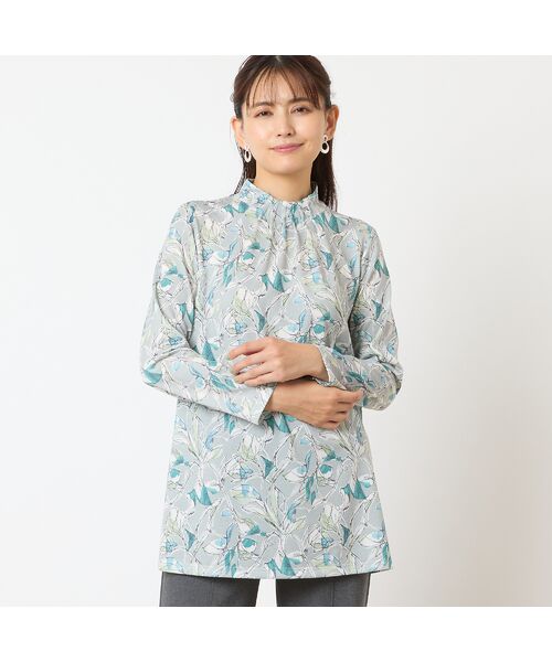 LOBJIE/ロブジェ 【洗える・日本製】襟ピンタック 花柄チュニック グリーン M LOBJIE/ロブジェ 【洗える・日本製】襟ピンタック 花柄チュニック グリーン M