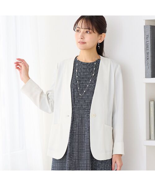 LOBJIE / ロブジェ ノーカラージャケット | 【吸水速乾・オケージョン対応】Vネックワンボタンジャケット（ホワイト）