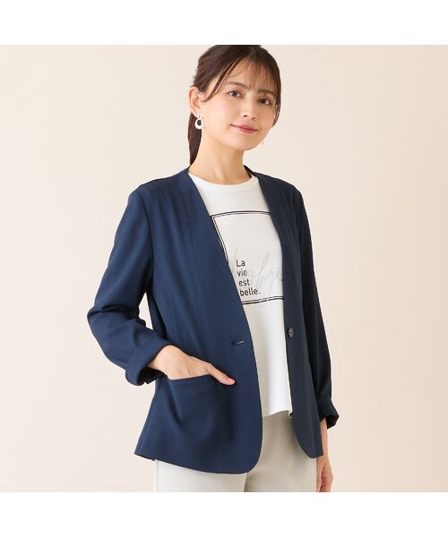 LOBJIE / ロブジェ ノーカラージャケット | 【吸水速乾・オケージョン対応】Vネックワンボタンジャケット（ダークブルー）
