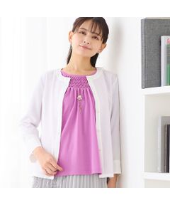 【洗える】麻混ノーカラーブラウス