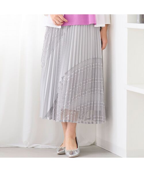 LOBJIE / ロブジェ ミニ・ひざ丈スカート | レースミックスプリーツスカート（グレー）