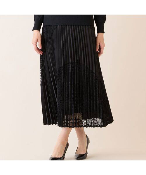 LOBJIE / ロブジェ ミニ・ひざ丈スカート | レースミックスプリーツスカート（ブラック）