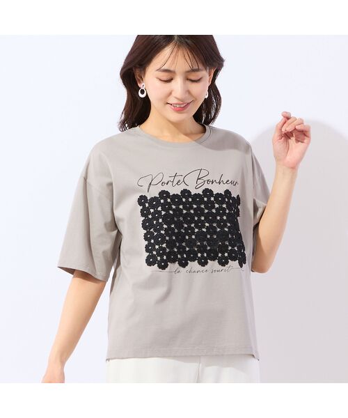 LOBJIE / ロブジェ カットソー | 【洗える】フラワーレースつきTシャツ（グレー）