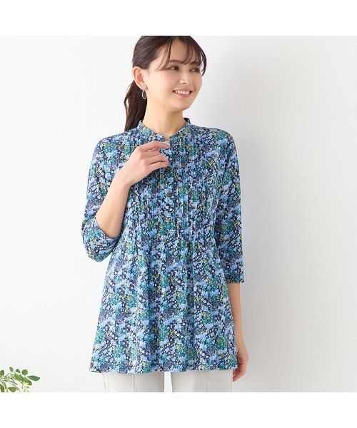 LOBJIE / ロブジェ カットソー | 【洗える】小花柄ピンタックチュニック（ブルー）
