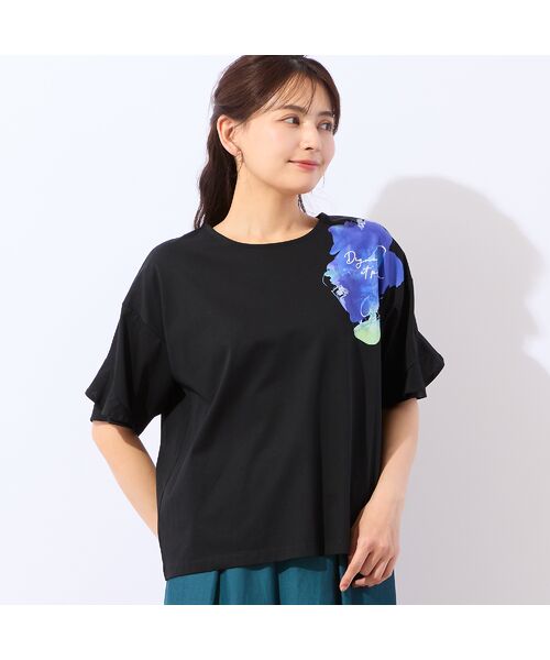 LOBJIE / ロブジェ カットソー | 【洗える・綿100%】フリルスリーブTシャツ（ブラック）