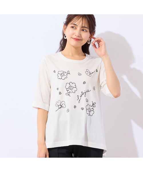 LOBJIE / ロブジェ カットソー | 【洗える・綿100%】花刺繍AラインTシャツ(ホワイト)