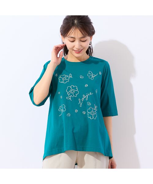 LOBJIE / ロブジェ カットソー | 【洗える・綿100%】花刺繍AラインTシャツ(グリーン)