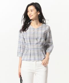 L size ONWARD(大きいサイズ) / エルサイズオンワード トップス | 【洗える】キュプラコットンドビーチェック Vネック ブラウス