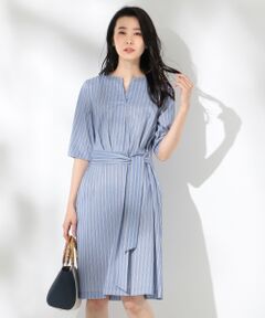 L size ONWARD(大きいサイズ) / エルサイズオンワード ミニ丈・ひざ丈ワンピース | 【イージーケア】ツイルマルチストライプ ワンピース