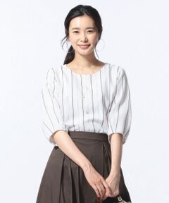 L size ONWARD(大きいサイズ) / エルサイズオンワード Tシャツ | シアーチェック＆ストライプ ボリューム袖 カットソー