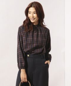 L size ONWARD(大きいサイズ) / エルサイズオンワード トップス | 【洗える】コットンリヨセルブラッシュチェック2 スタンドフリル ブラウス