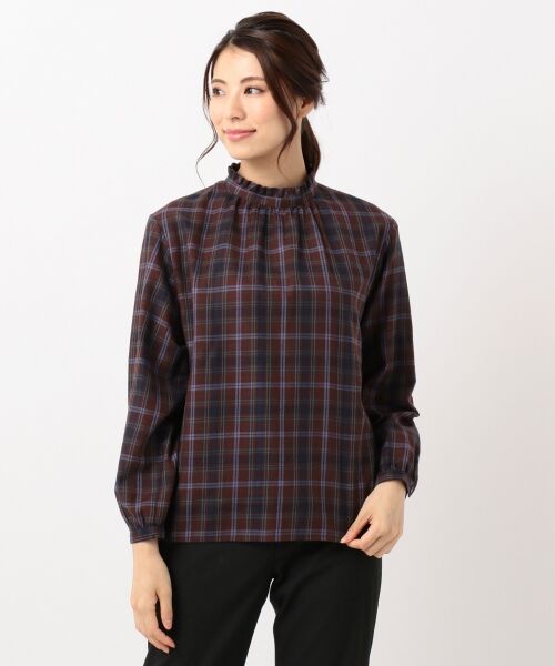 L size ONWARD(大きいサイズ) / エルサイズオンワード トップス | 【洗える】コットンリヨセルブラッシュチェック2 スタンドフリル ブラウス | 詳細2