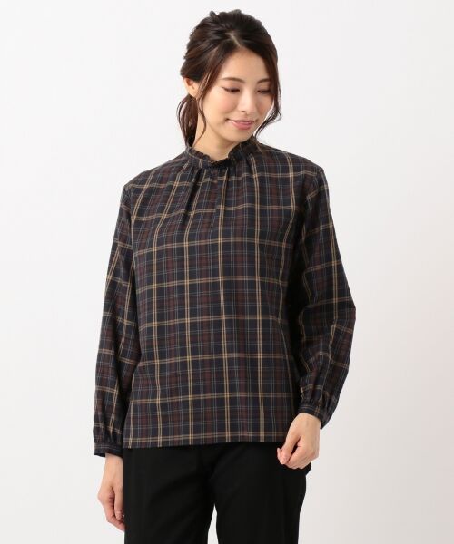 L size ONWARD(大きいサイズ) / エルサイズオンワード トップス | 【洗える】コットンリヨセルブラッシュチェック2 スタンドフリル ブラウス | 詳細4